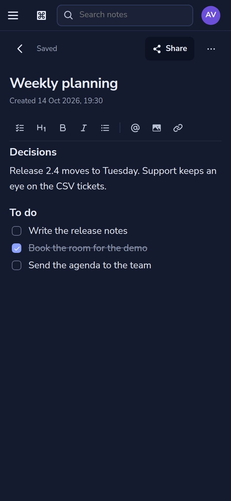 Dazr Notes on a phone in dark mode