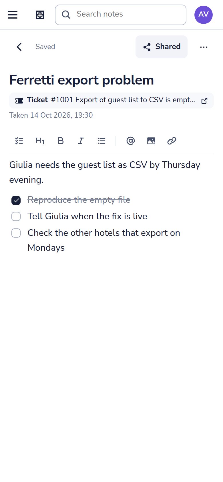Dazr Notes on a phone: a note with a checklist, taken on a ticket