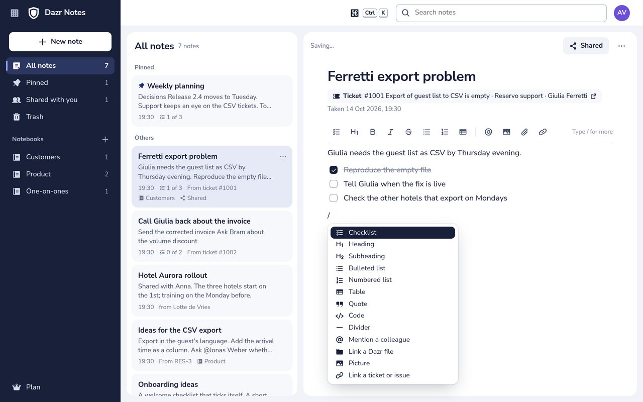 The / menu open in a note: checklist, heading, lists, table, quote, code, divider, mention a colleague, a Dazr file, a picture, a ticket or issue